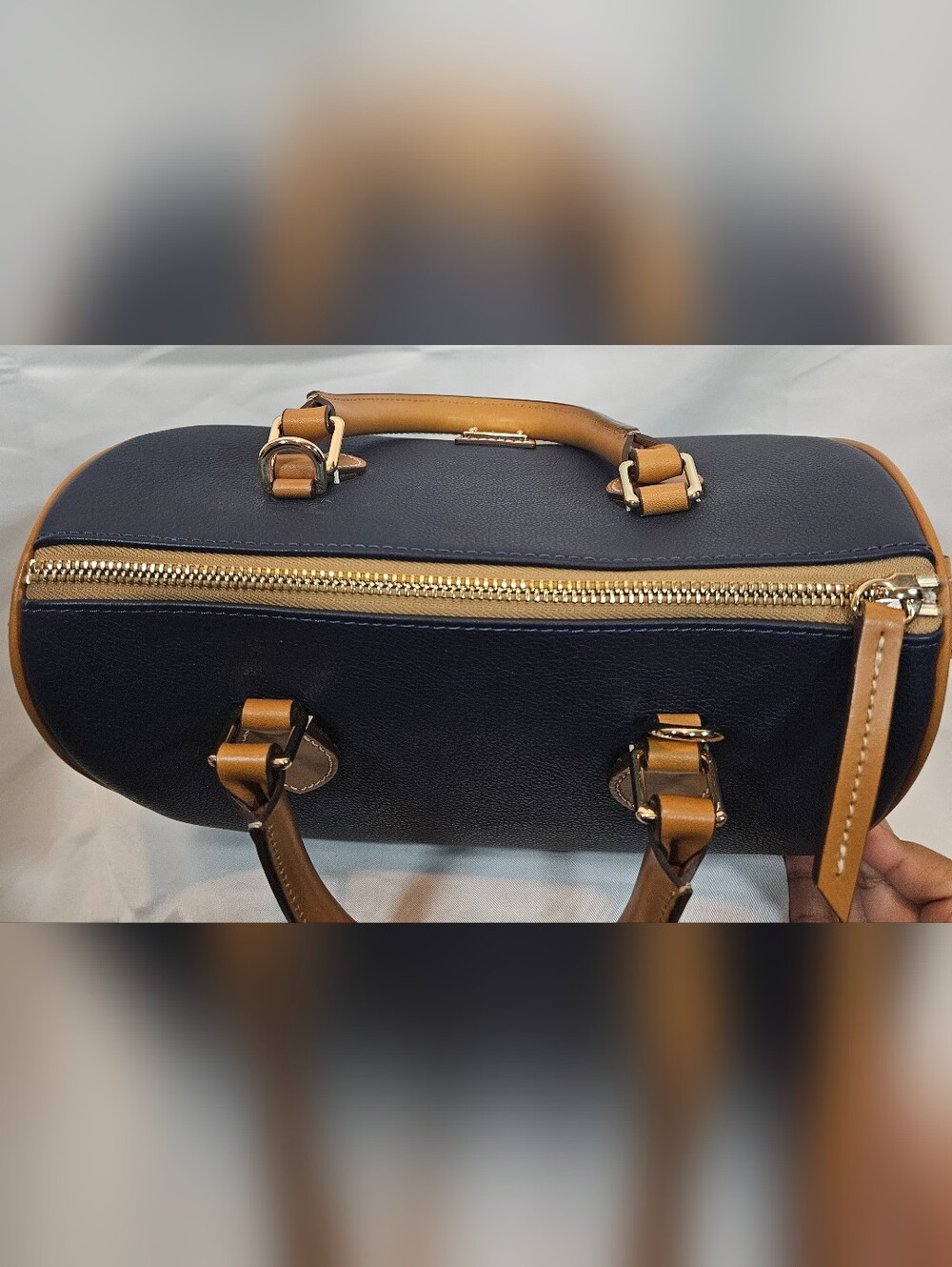 Dooney & Bourke Navy with Tan Trim Barrel Satchel 25 - Picture 8 of 12